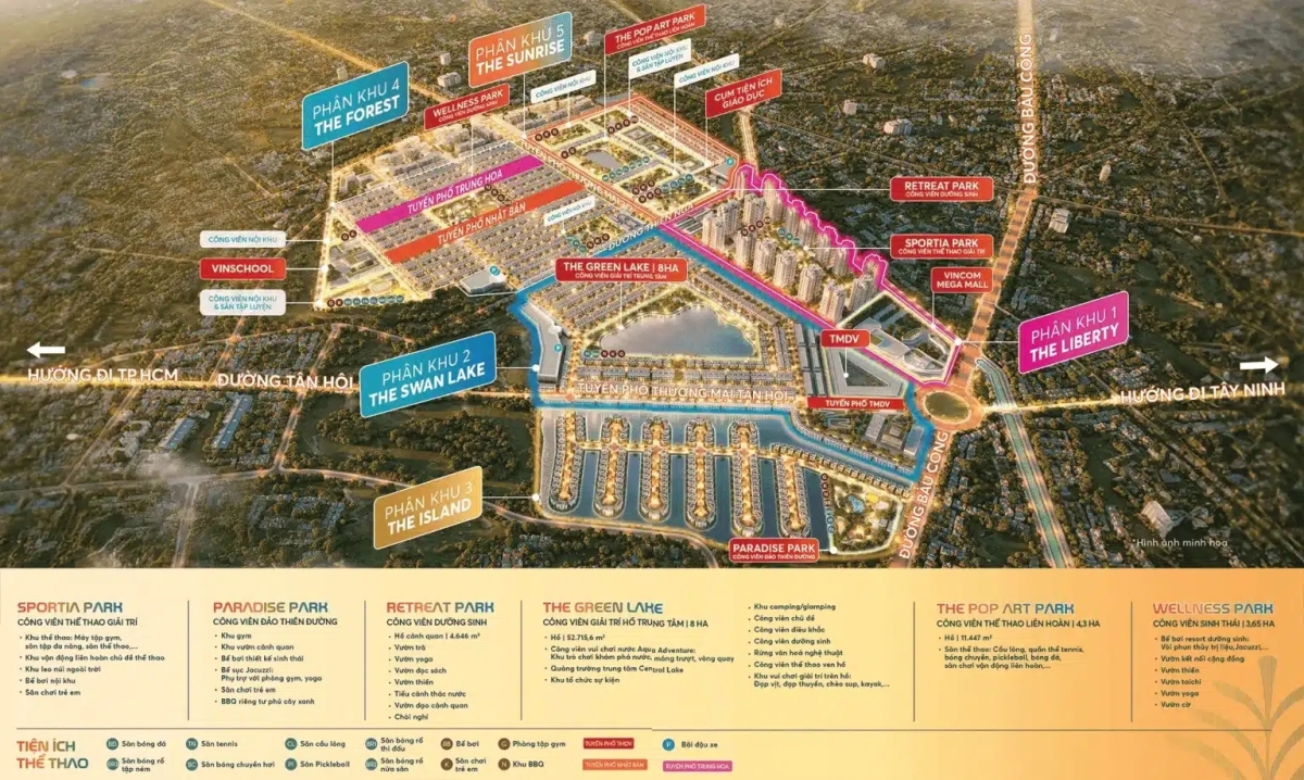 Mặt bằng tiện ích tổng thể Vinhomes Green City với 5 phân khu đặc trưng, 12 công viên sinh thái và hệ tiện ích All-in-One hoàn hảo